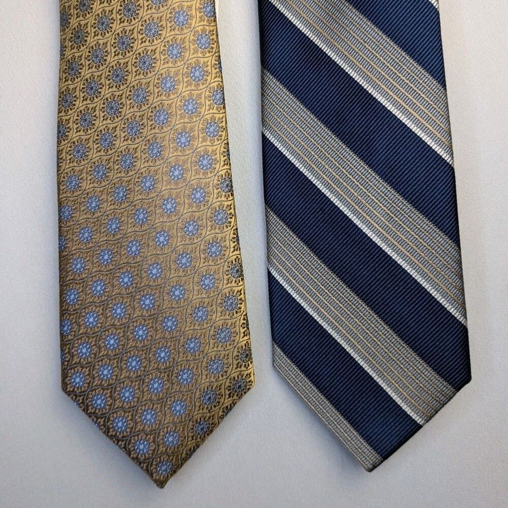 NEW (2) ENRO Silk Tie Champagne Gold Blue Stripes Pin Dot Geometric Necktie